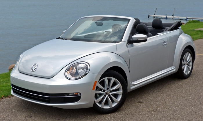 VW Beetle Convertible front quarter view top down